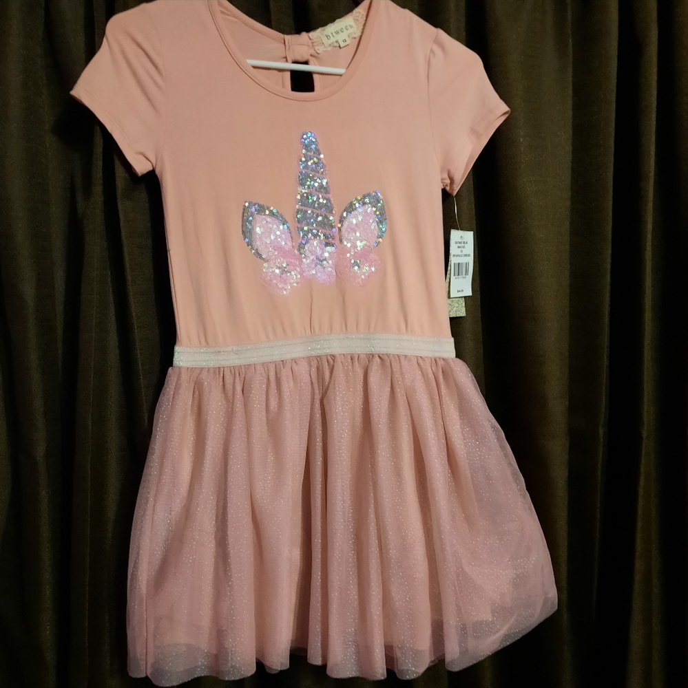 Girls Size 12 Btween Dress Pink with Unicorn Sparkle top.